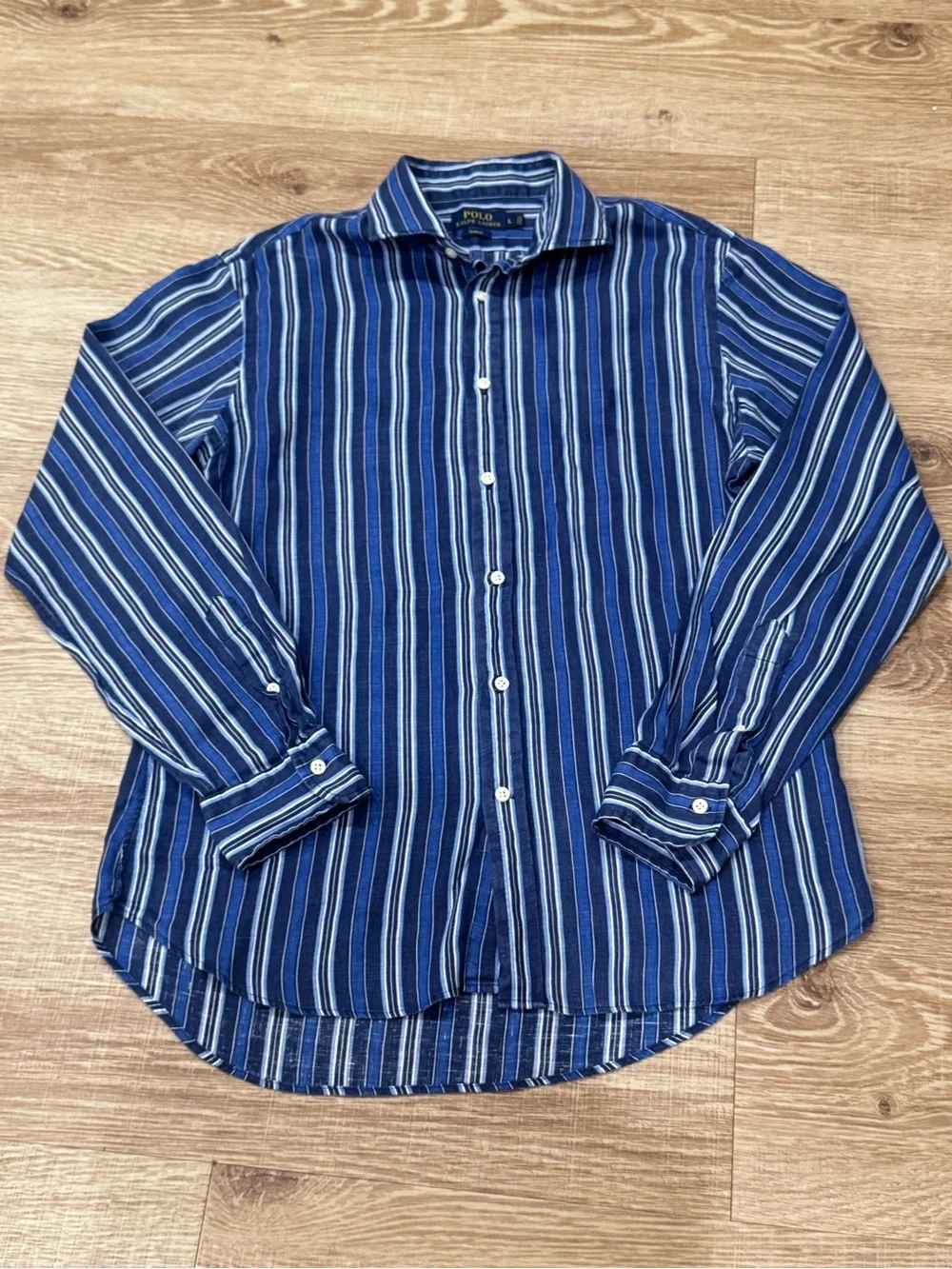 Polo Ralph Lauren 100% Linen Blue Striped Button Front Shirt Slim Fit Large